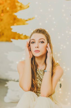 Noel, kış tatili konsepti. Noel için dekore edilmiş lüks dairelerde poz veren gece kıyafetli güzel bir kadın. Güzellik, moda. Noel için parlak elbiseli bir kız..