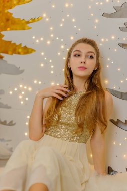 Noel, kış tatili konsepti. Noel için dekore edilmiş lüks dairelerde poz veren gece kıyafetli güzel bir kadın. Güzellik, moda. Noel için parlak elbiseli bir kız..