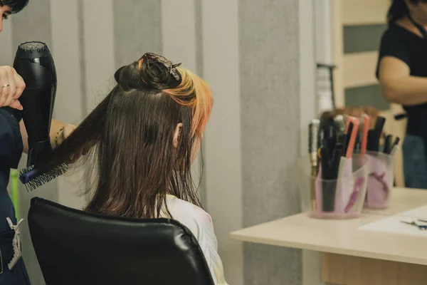 Hairdresser Making Hair Style Cute Little Girl Teenage Girl Has — Stock Photo, Image