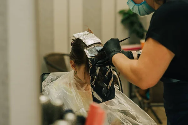 Hairdresser Making Hair Style Cute Little Girl Teenage Girl Has — Stock Photo, Image