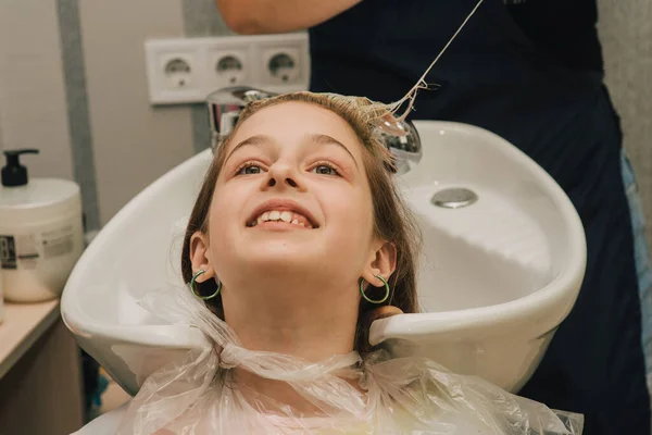 Hairdresser Making Hair Style Cute Little Girl Teenage Girl Has — Stock Photo, Image