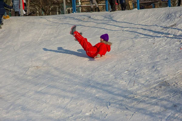 Little Toddler Girl Beautiful Warm Red Outfit Playing Outdoors Snow — Stock Photo, Image