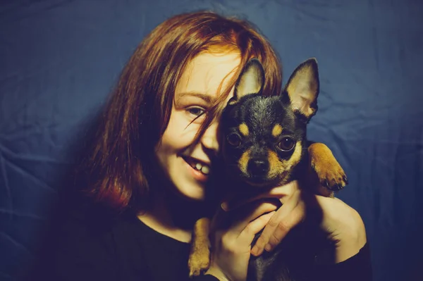 Jeune Fille Avec Chien Compagnie Une Écolière Ans Avec Chihuahua — Photo