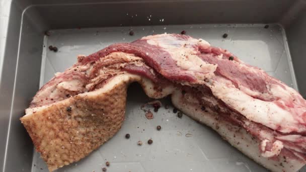 Salted lard homemade lard in large pieces on a board. Large piece of bacon on black board with spices — Stock Footage Salted Lard Homemade Lard Large Pieces Board Large Piece Bacon Video Clip