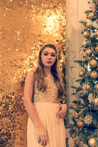 Menina Vestido Noite Brilhante Rapariga Está Sonhar Véspera Natal Férias — Fotografia de Stock