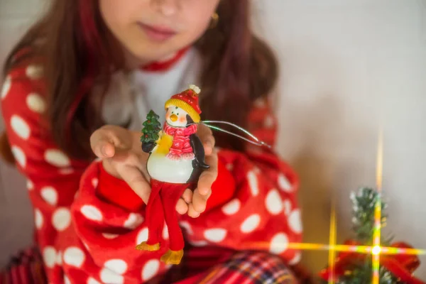 Portrait Happy Girl Looking Decorative Toy Ball Christmas Tree Girl — Stock Photo, Image