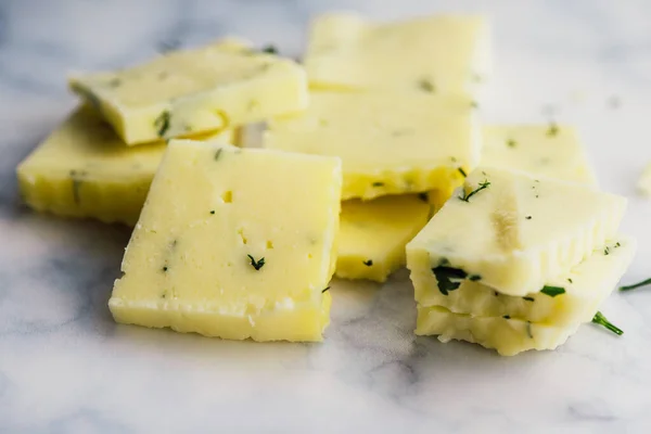 Pieces Cheese Herbs Top View Cheese Flat Lay — Stock Photo, Image
