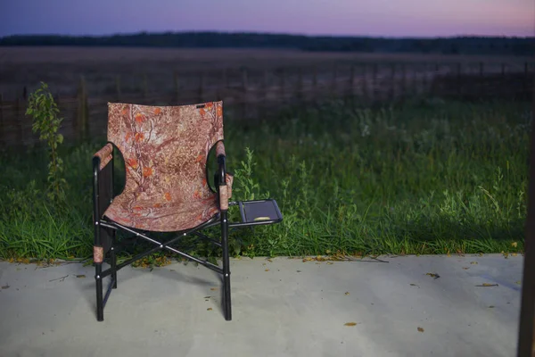 Fiskekoncept Fiskestol Grönt Gräs Campingstol — Stockfoto