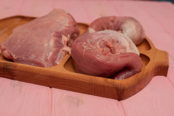 Pink Raw Pork Steaks Lie Wooden Board Appetizing Meat Pork — Stock Photo, Image