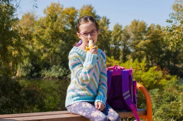 Vuelta Escuela Niña Edad Escolar Jersey Azul Cálido Otoño — Foto de Stock