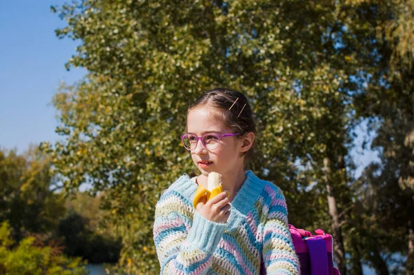 Vuelta Escuela Niña Edad Escolar Jersey Azul Cálido Otoño — Foto de Stock