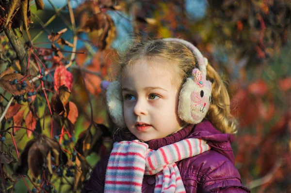 Klein Meisje Paars Jasje Buiten Herfst Kind Meisje Met Blond — Stockfoto