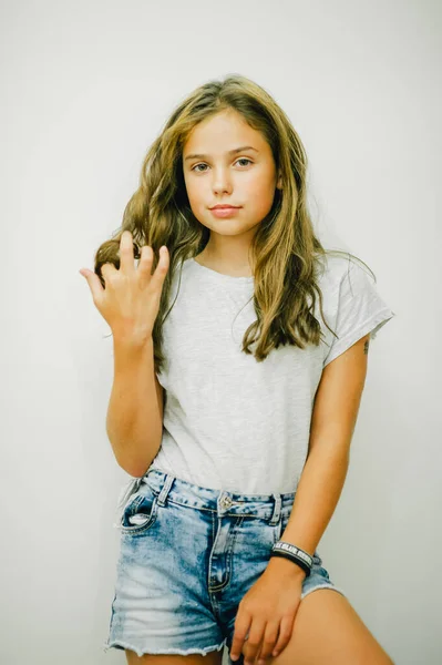 Girl Gray Shirt Jeans Girl Years Old — Stock Photo, Image