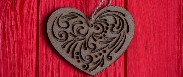 Červené Malované Dřevo Překližkové Srdce Natřená Stará Dřevěná Zeď Červené — Stock fotografie