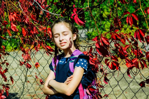 Dziewczyna Pięknymi Włosami Tle Natury Sschoolgirl Niebieskiej Sukience Szkolnej — Zdjęcie stockowe