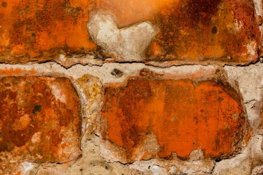 Boş Tuğla Çit Yapısı. Soyulmuş alçılı eski, eski, kirli tuğla duvarın arka planı