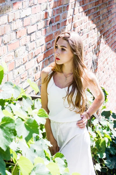 Portrait Beautiful Stylish Girl Walking Street Girl White Dress Summer — Stock Photo, Image