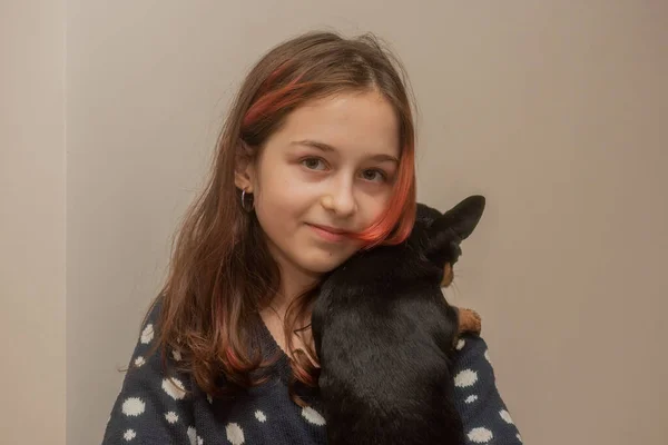 青少年和狗在家里的肖像画 一个红头发的小女孩 奇瓦瓦狗和女孩 — 图库照片