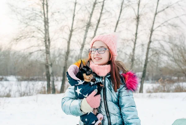 Bella Ragazza Con Chihuahua Sulla Natura Ragazza Adolescente Chihuahua Inverno — Foto Stock