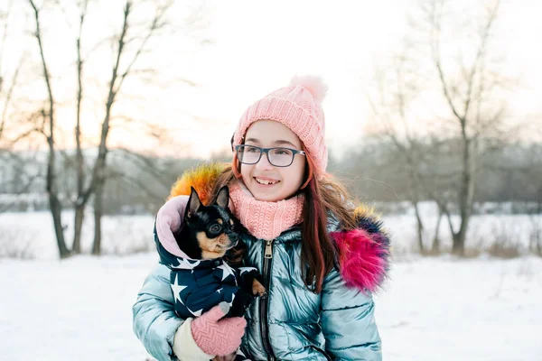 Menina Bonita Com Chihuahua Natureza Menina Adolescente Chihuahua Inverno Rua — Fotografia de Stock