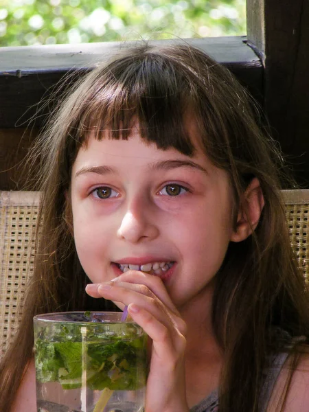 Retrato Una Niña Feliz Bebiendo Jugo Naranja Con Limón Menta —  Fotos de Stock