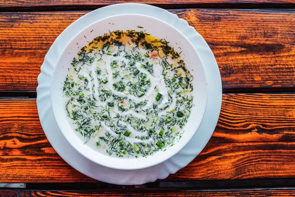 Okroshka Summer Light Cold Yogurt Soup Cucumber Radish Eggs Dill — Fotografia de Stock