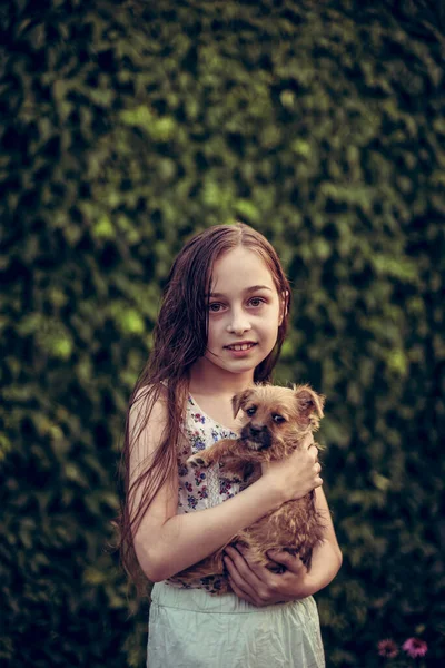 Little Blond Girl Her Pet Dog Outdooors Park Girl Loves — Stock Photo, Image