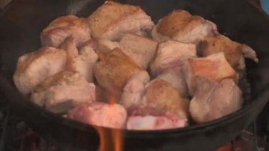 Açık ateşte tavada et kızartmak. Tavada ateşte biftek. Doğada yemek pişirmek. Piknik. Izgara yanıyor. Et ateşte kızarıyor..