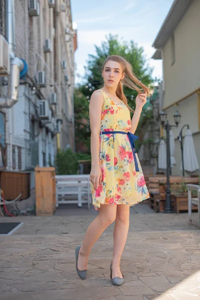 Girl Dress Walks Old Town Summer Beautiful Blonde Woman Summer Royalty Free Stock Images