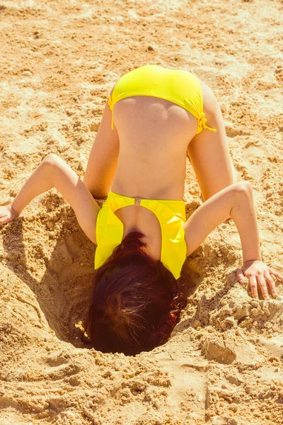 Girl Beach Plays Sand Summer Girl Dug Hole Sand Looks Stock Photo