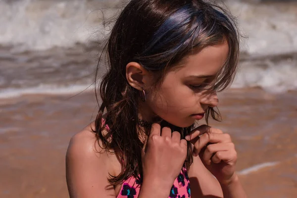 Portretul Unei Tinere Frumoase Plajă Adolescentă Lângă Portretul Mării Adolescenta — Fotografie, imagine de stoc