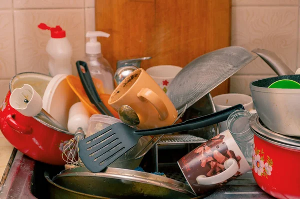 Dirty Dishes Sink Domestic Kitchen Dishes Messy Housework Wash — Stock Photo, Image