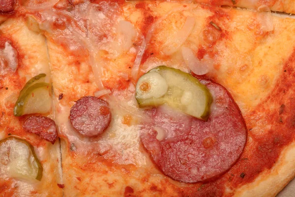 Makrofotografia Pizzy Zbliżenie Jako Tło Makrofotografia Żywności Fast Food Dostawy — Zdjęcie stockowe