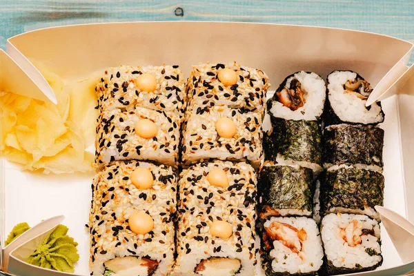 Sushi Rolls Close Maki Sushi Rolls Japanese Food Rolls Japanese — Stock Photo, Image