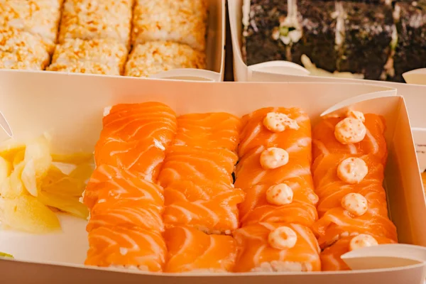 Sushi Rolls Close Maki Sushi Rolls Japanese Food Rolls Japanese — Stock Photo, Image