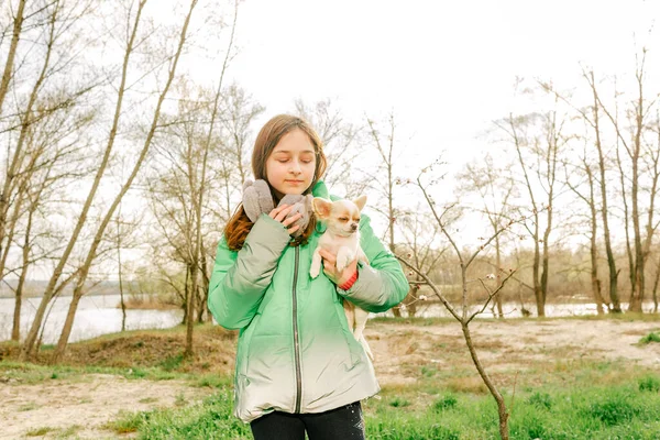 Teenager girl with chihuahua. girl in green jacket with puppy in her arms. Chihuahua dog with girl.