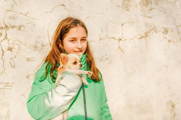 Adolescente Avec Chihuahua Fille Veste Verte Avec Chiot Dans Les — Photo