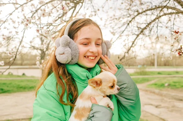 Adolescenta Într Jachetă Verde Cățeluș Chihuahua Brațe Primăvară Copacii Înfloresc — Fotografie, imagine de stoc