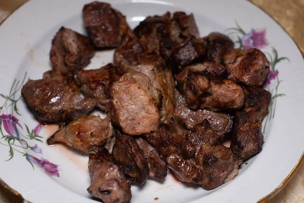 Daging Kebab Babi Goreng Atas Piring Daging Makanan — Stok Foto