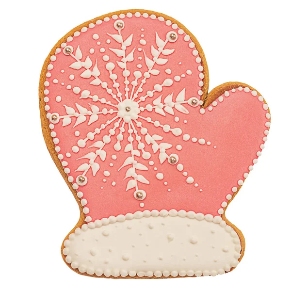 Pink Ginger Cookie Mitten White Background Christmas Pink Gingerbread Mitten — Stock Photo, Image