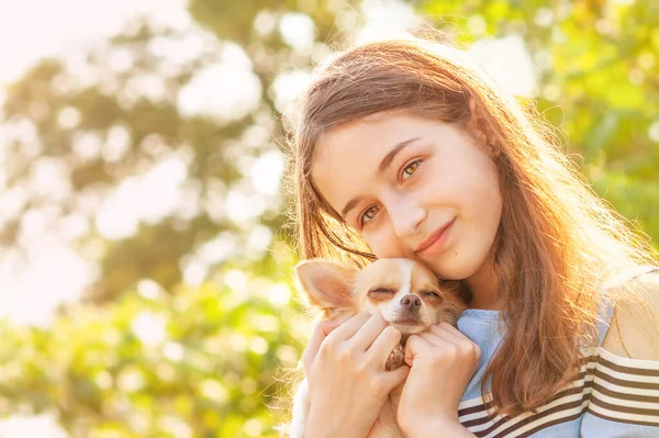 Retrato Menina Adolescente Feliz Com Seu Pequeno Cachorro Chihuahua Uma — Fotografia de Stock