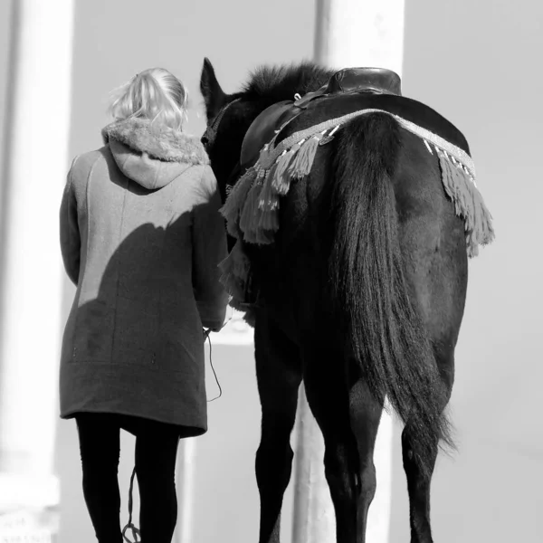 Ein Mädchen Geht Mit Einem Pferd — Stockfoto
