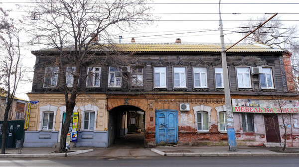 Astrakhan, Russia, January 8, 2021. Old buildings of the city. Facade. Sverdlov street.
