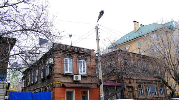 Astrakhan, Russia, January 13, 2021. Old buildings of the city. Facade. Shahumyan street