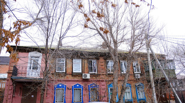 Astrakhan, Russia, January 13, 2021. Old buildings of the city. Facade. Shahumyan street
