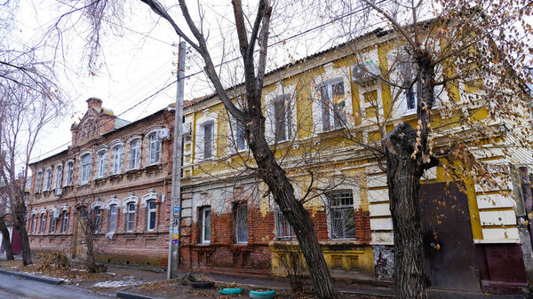 Astrakhan, Russia, January 15, 2021. Old buildings of the city. Facade. Babushkina street