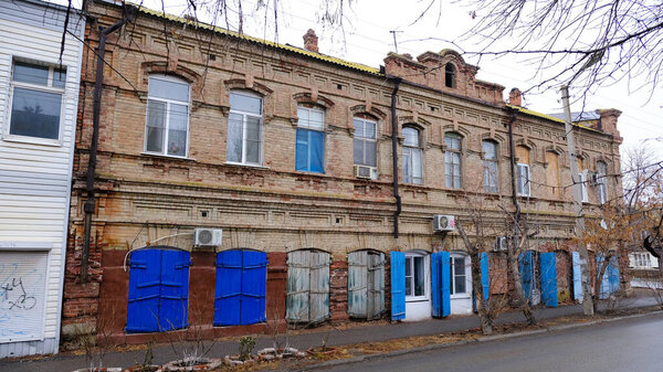 Astrakhan, Russia, January 15, 2021. Old buildings of the city. Facade. Musa Jalil street