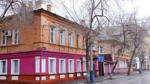 Astrakhan, Russia, January 15, 2021. Old buildings of the city. Facade. Lenin street