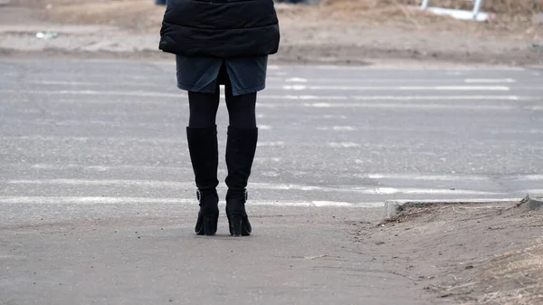 Legs Girl Standing Sidewalk — Stock Photo, Image