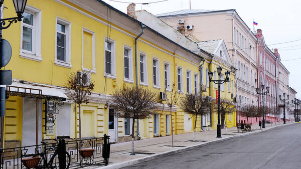 Astrakhan, Russia, January 9, 2021. Old buildings of the city. Facade. Chernyshevsky street